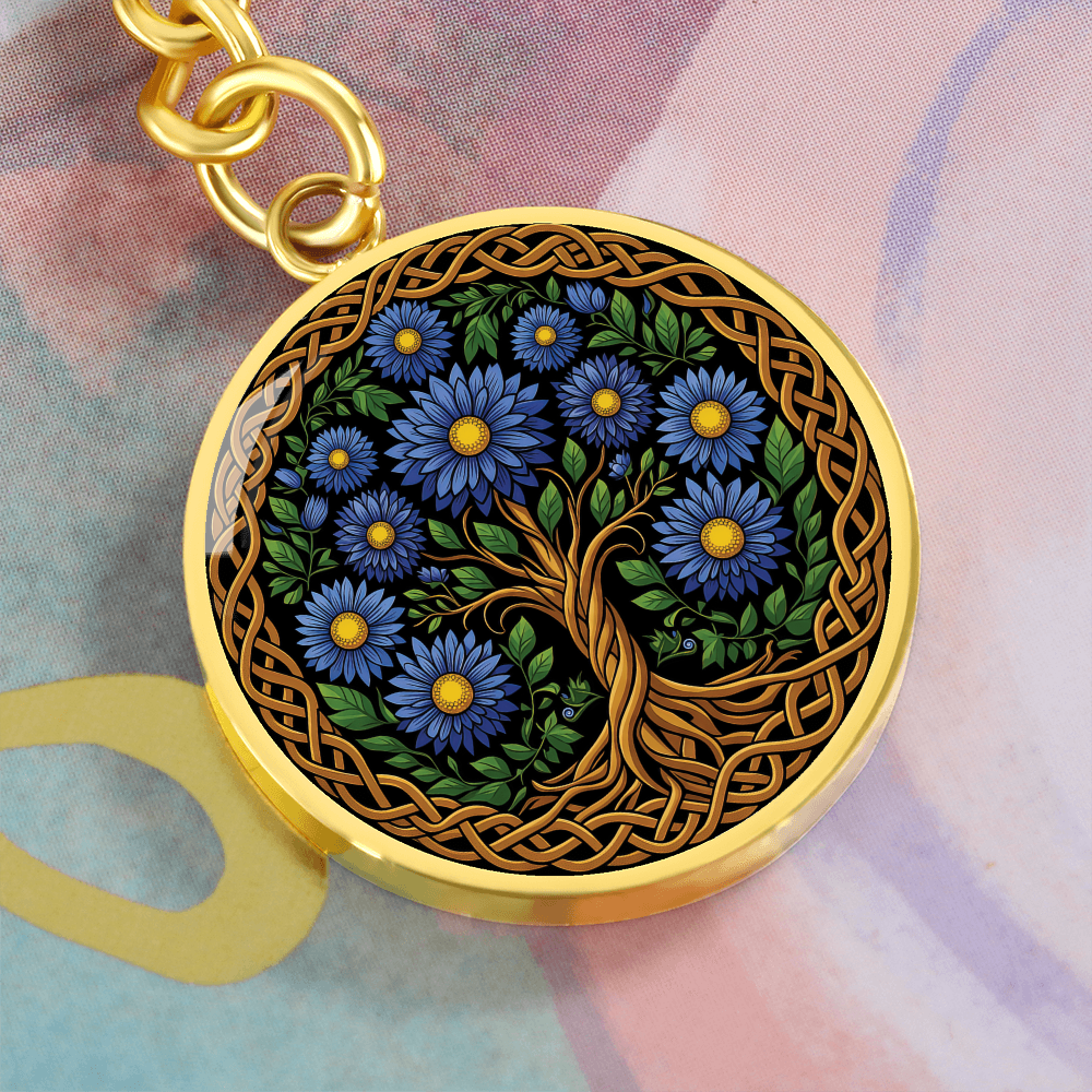 Celtic Tree of Life Pendant Keychain - Aster September Birth Flower Jewelry