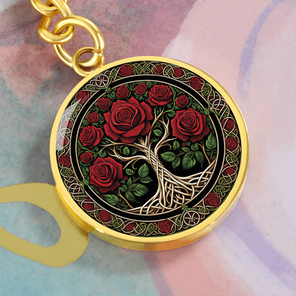 Celtic Tree of Life Pendant Keychain - Rose June Birth Flower Jewelry
