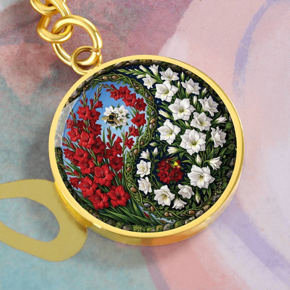 Gladiolus Yin Yang Keychain - August Birth Month Flower Pendant Jewelry