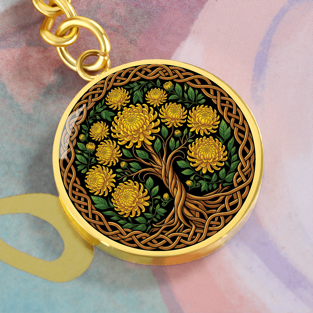 Celtic Tree of Life Pendant Keychain - Chrysanthemum November Birth Flower Jewelry