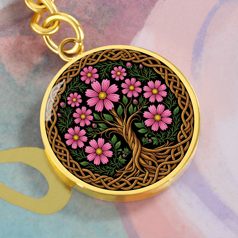 Celtic Tree of Life Pendant Keychain - Cosmos October Birth Flower Jewelry