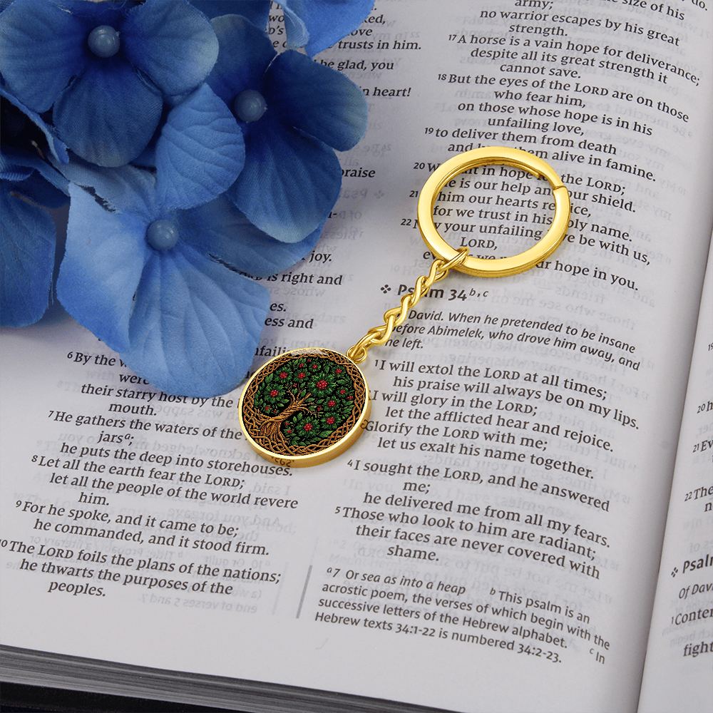 Celtic Tree of Life Pendant Keychain - Holly December Birth Flower Jewelry