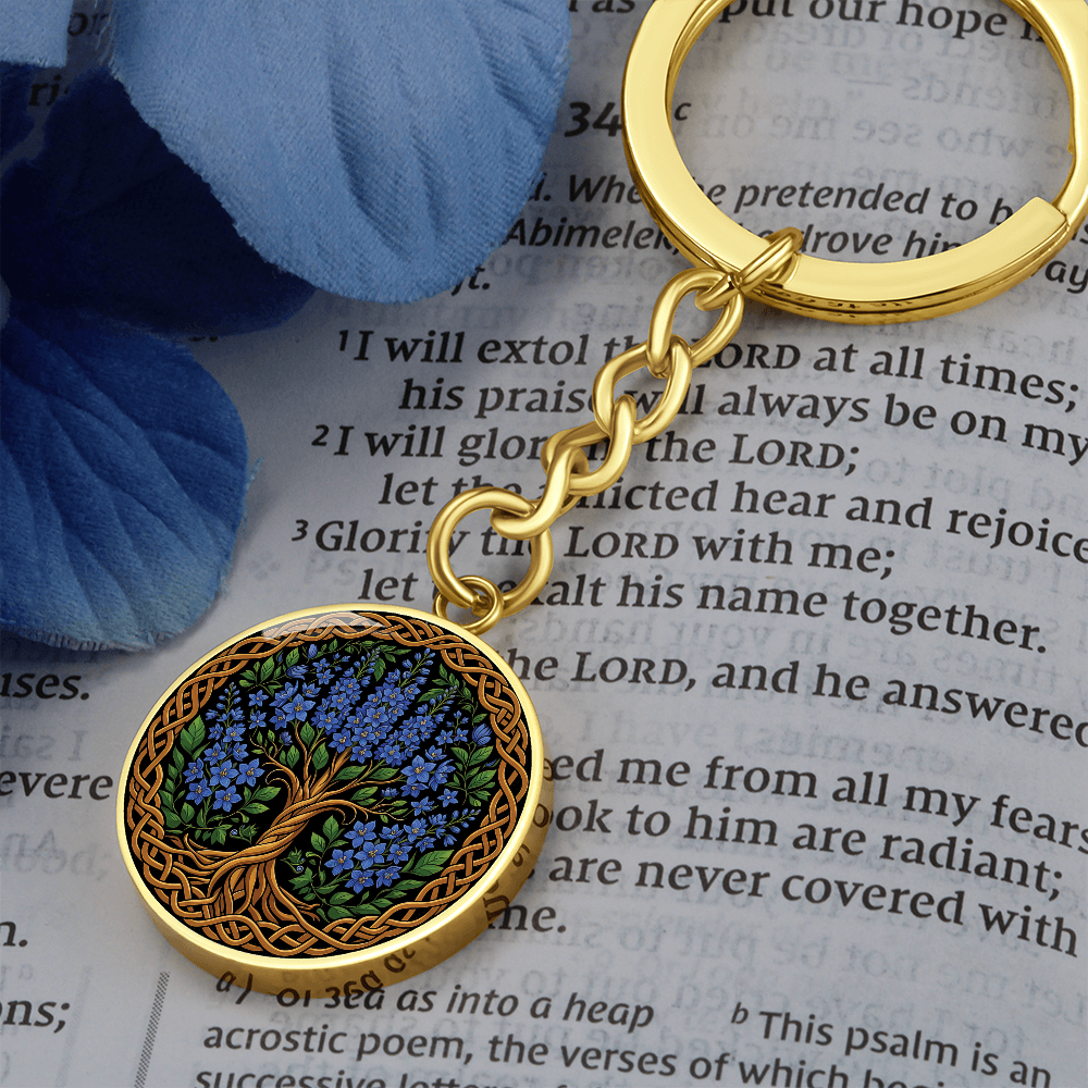 Celtic Tree of Life Pendant Keychain - Larkspur July Birth Flower Jewelry