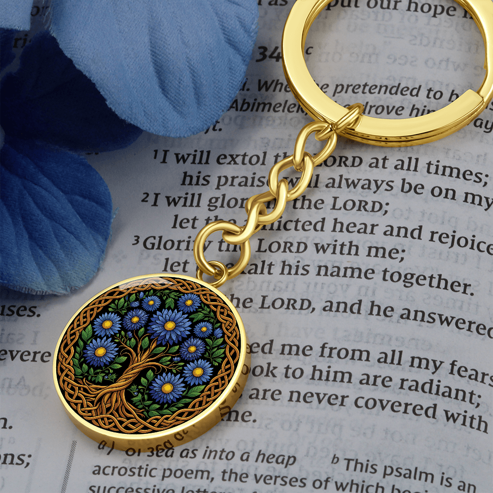 Celtic Tree of Life Pendant Keychain - Aster September Birth Flower Jewelry