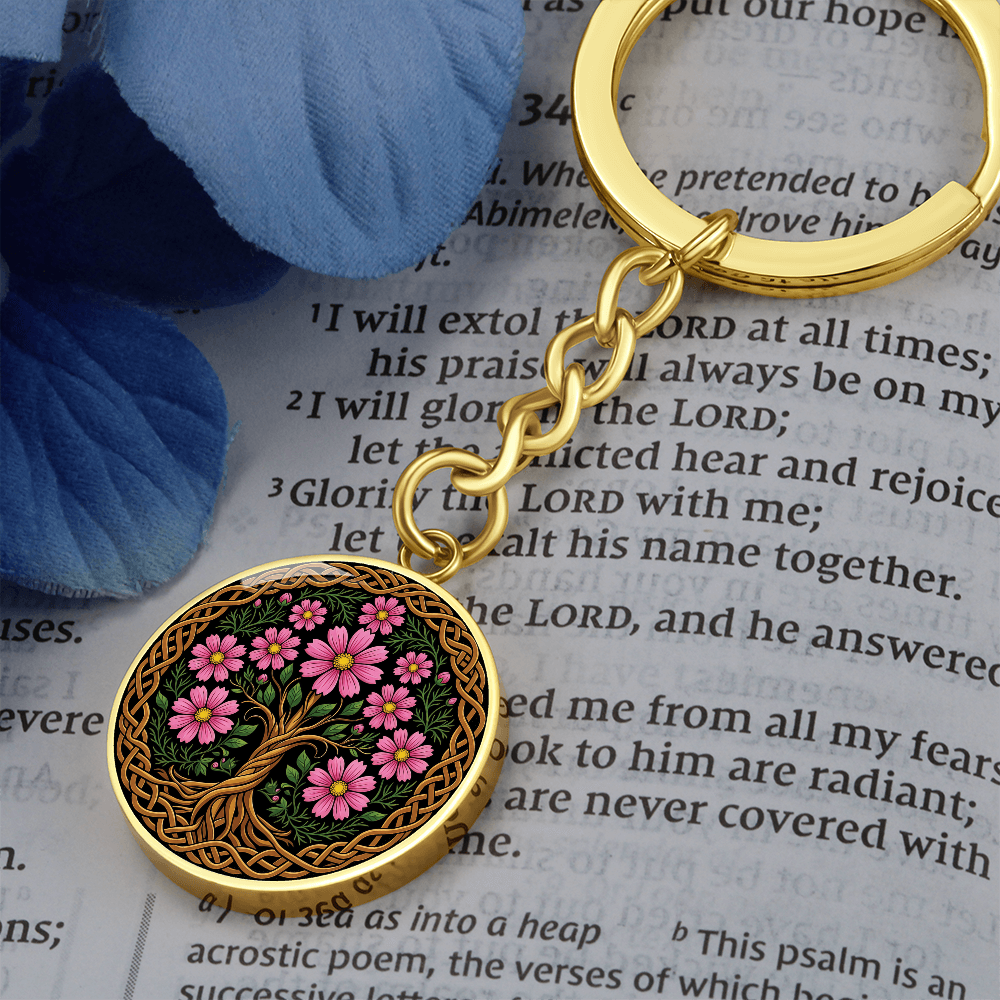 Celtic Tree of Life Pendant Keychain - Cosmos October Birth Flower Jewelry