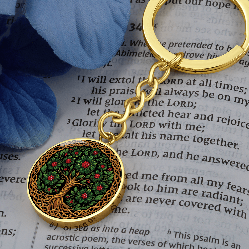 Celtic Tree of Life Pendant Keychain - Holly December Birth Flower Jewelry