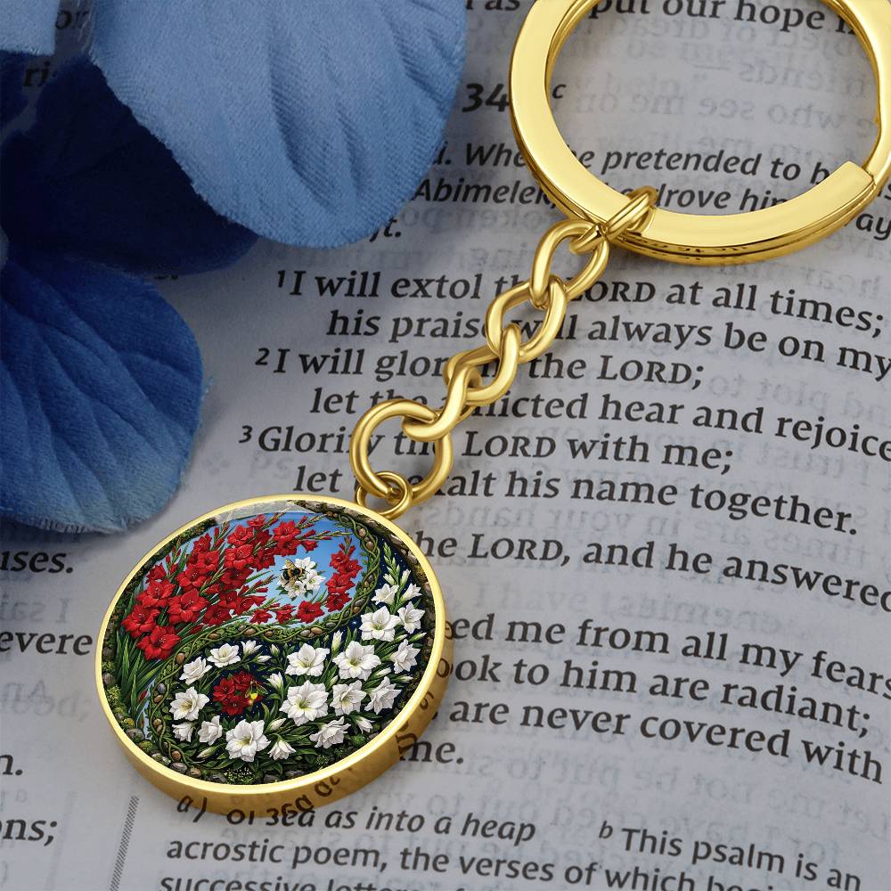 Gladiolus Yin Yang Keychain - August Birth Month Flower Pendant Jewelry