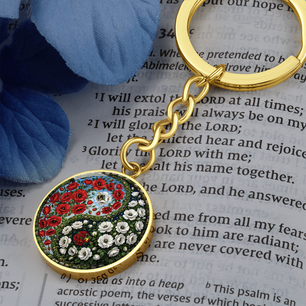 Poppy Yin Yang Keychain - August Birth Month Flower Pendant Jewelry