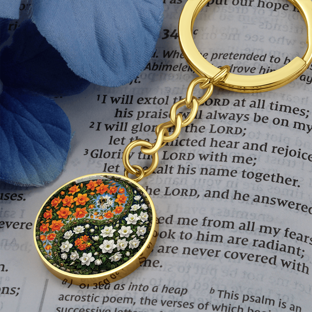 Daffodil Yin Yang Keychain - March Birth Month Flower Pendant Jewelry