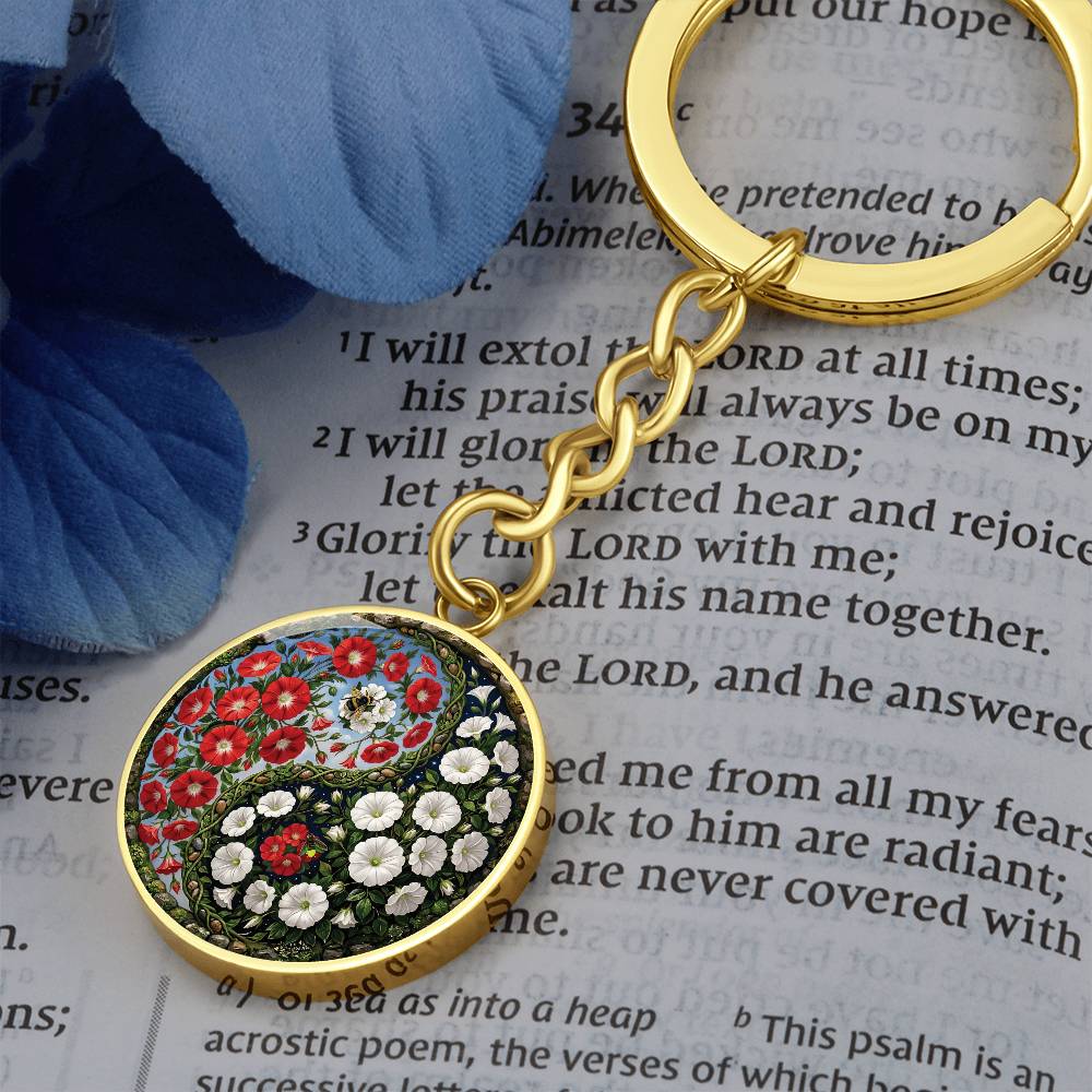 Red and White Morning Glory Yin Yang Keychain - September Birth Month Flower Pendant Jewelry