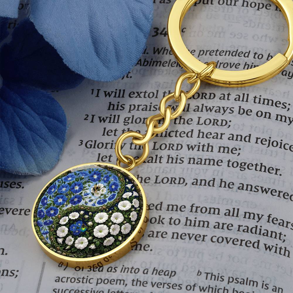 Morning Glory Yin Yang Keychain - September Birth Month Flower Pendant Jewelry