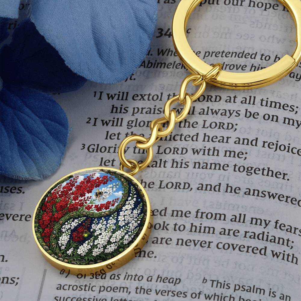 Larkspur Yin Yang Keychain - July Birth Month Flower Pendant Jewelry