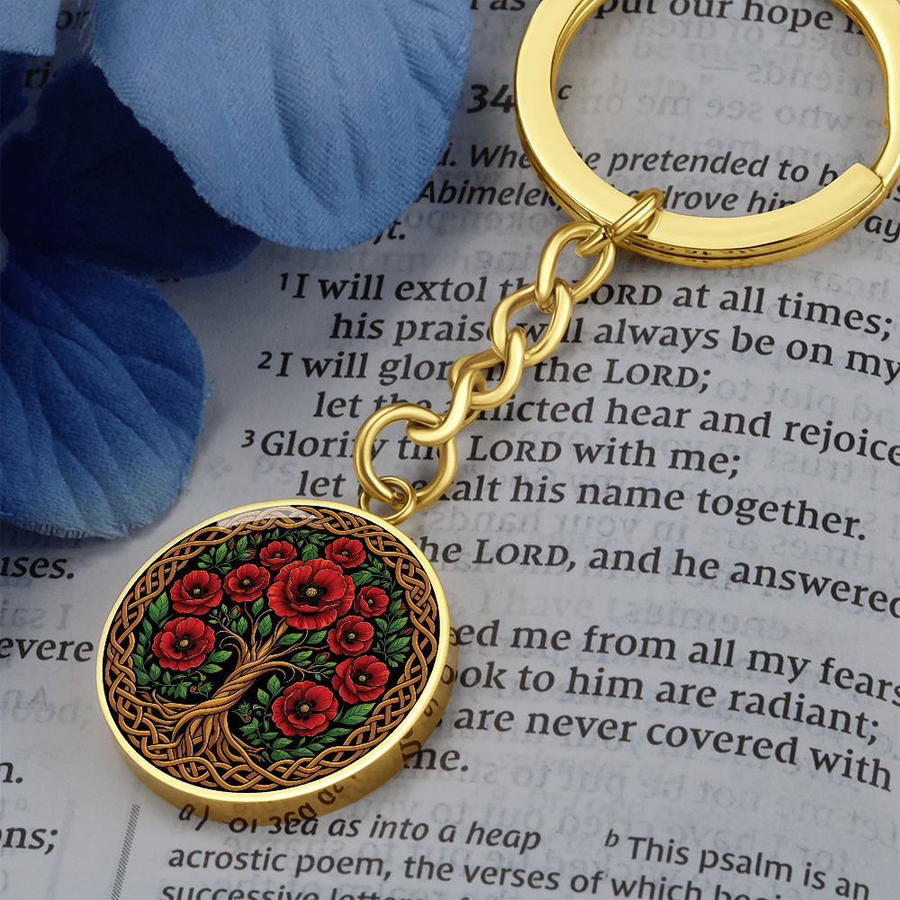 Celtic Tree of Life Pendant Keychain - Poppy August Birth Flower Jewelry