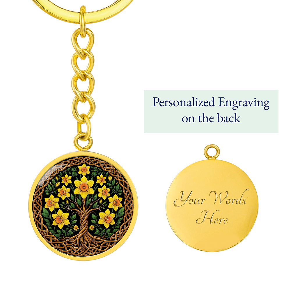 Celtic Tree of Life Pendant Keychain - Jonquil March Birth Flower Jewelry