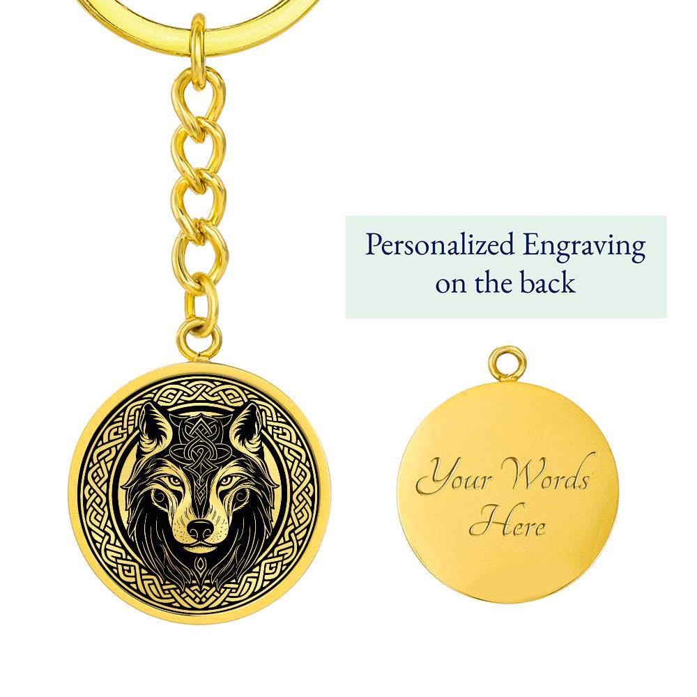 An Elegant Gold pendant Celtic Wolf Keychain with a Gold and Black background. This jewelry offers personalization with an engraving option for a name.