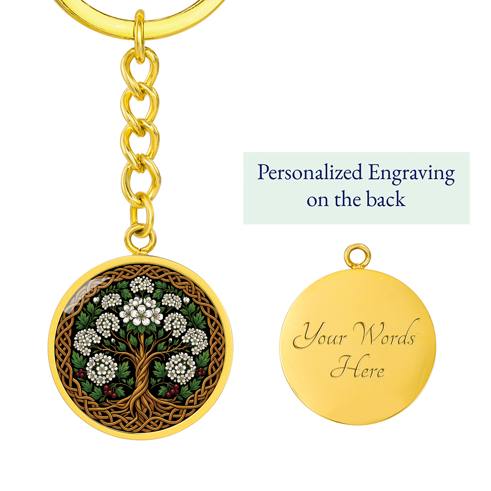 Celtic Tree of Life Pendant Keychain - Hawthorn May Birth Flower Jewelry