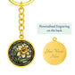 An Elegant Gold pendant Daffodil Necklace, March&#39;s birth month flower. Colors, Yellow flower, Green Grass, Brown Border, Dark Green background. This jewelry offers personalization with an engraving option for a name.