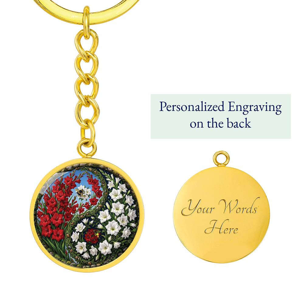 Gladiolus Yin Yang Keychain - August Birth Month Flower Pendant Jewelry