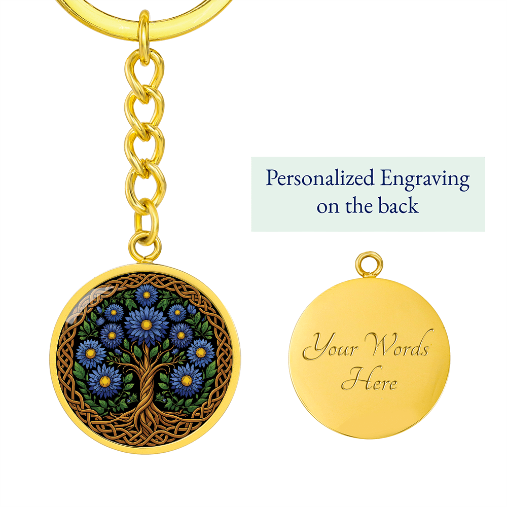 Celtic Tree of Life Pendant Keychain - Aster September Birth Flower Jewelry