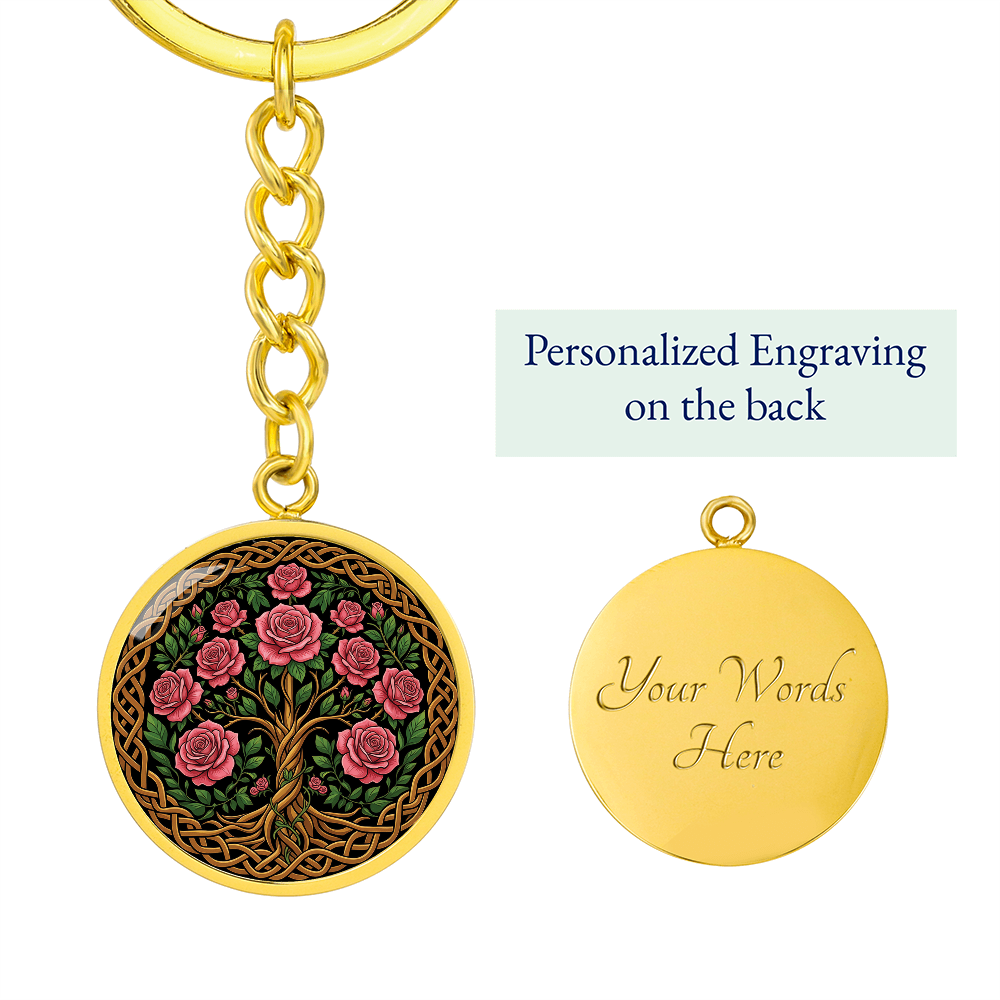 Celtic Tree of Life Pendant Keychain - Rose June Birth Flower Jewelry