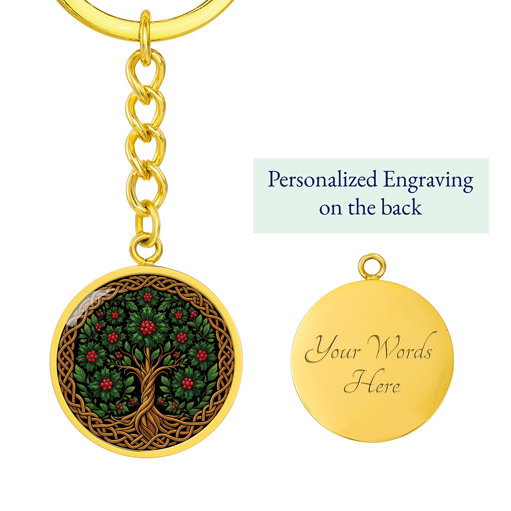 Celtic Tree of Life Pendant Keychain - Holly December Birth Flower Jewelry
