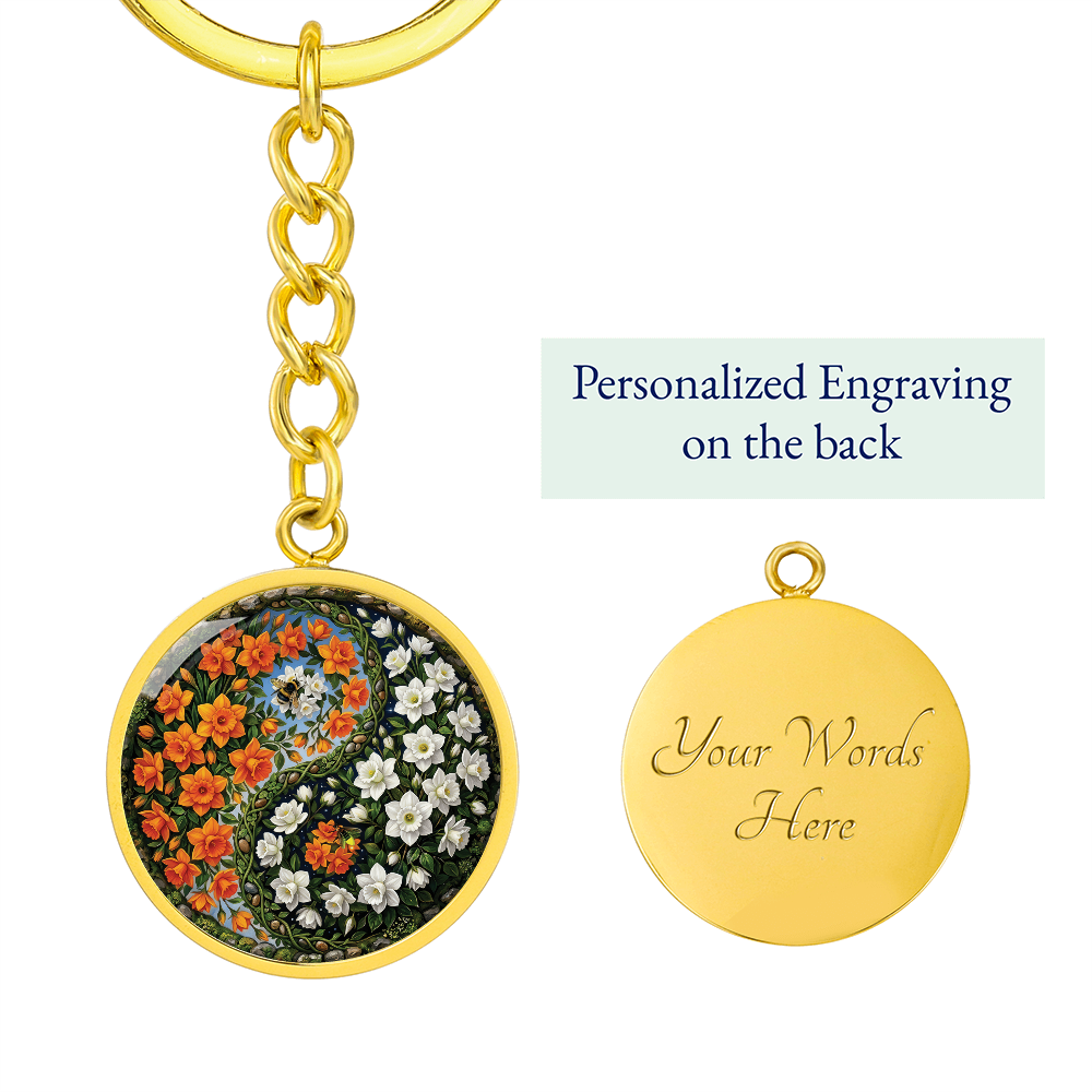 Daffodil Yin Yang Keychain - March Birth Month Flower Pendant Jewelry