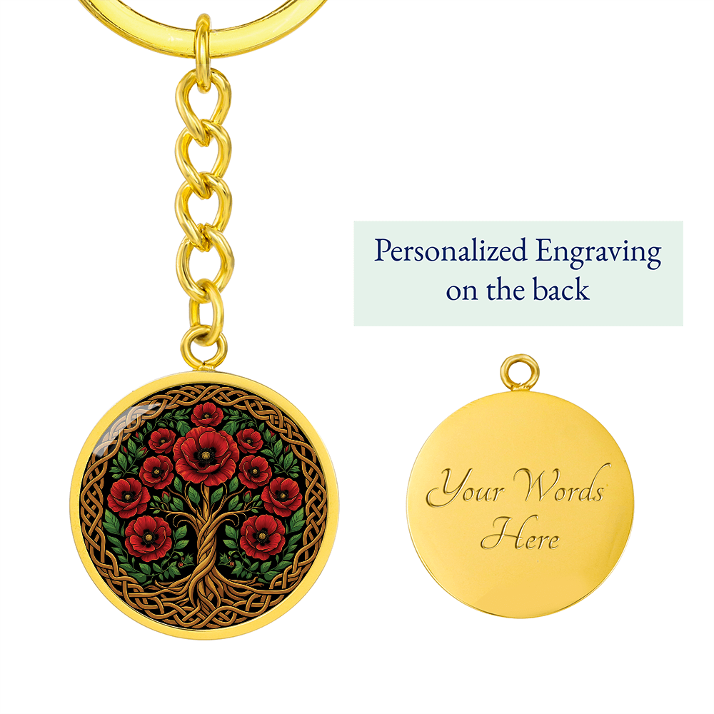 Celtic Tree of Life Pendant Keychain - Poppy August Birth Flower Jewelry