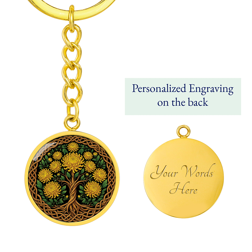 Celtic Tree of Life Pendant Keychain - Chrysanthemum November Birth Flower Jewelry