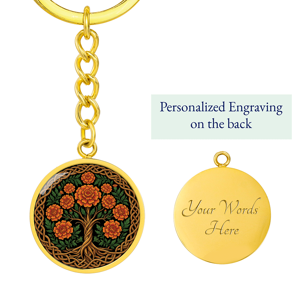 Celtic Tree of Life Pendant Keychain - Marigold October Birth Flower Jewelry