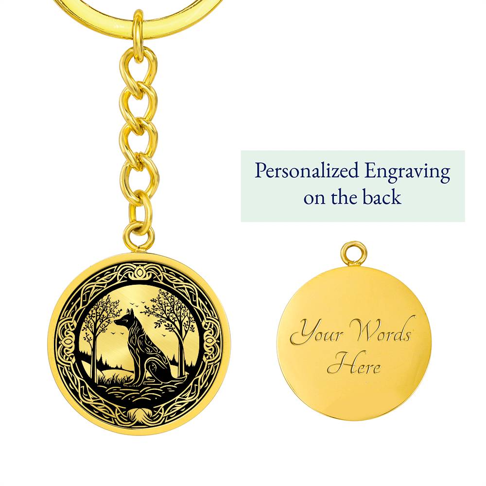 An Elegant Gold pendant Celtic Wolf Keychain with a Gold and Black background. This jewelry offers personalization with an engraving option for a name.