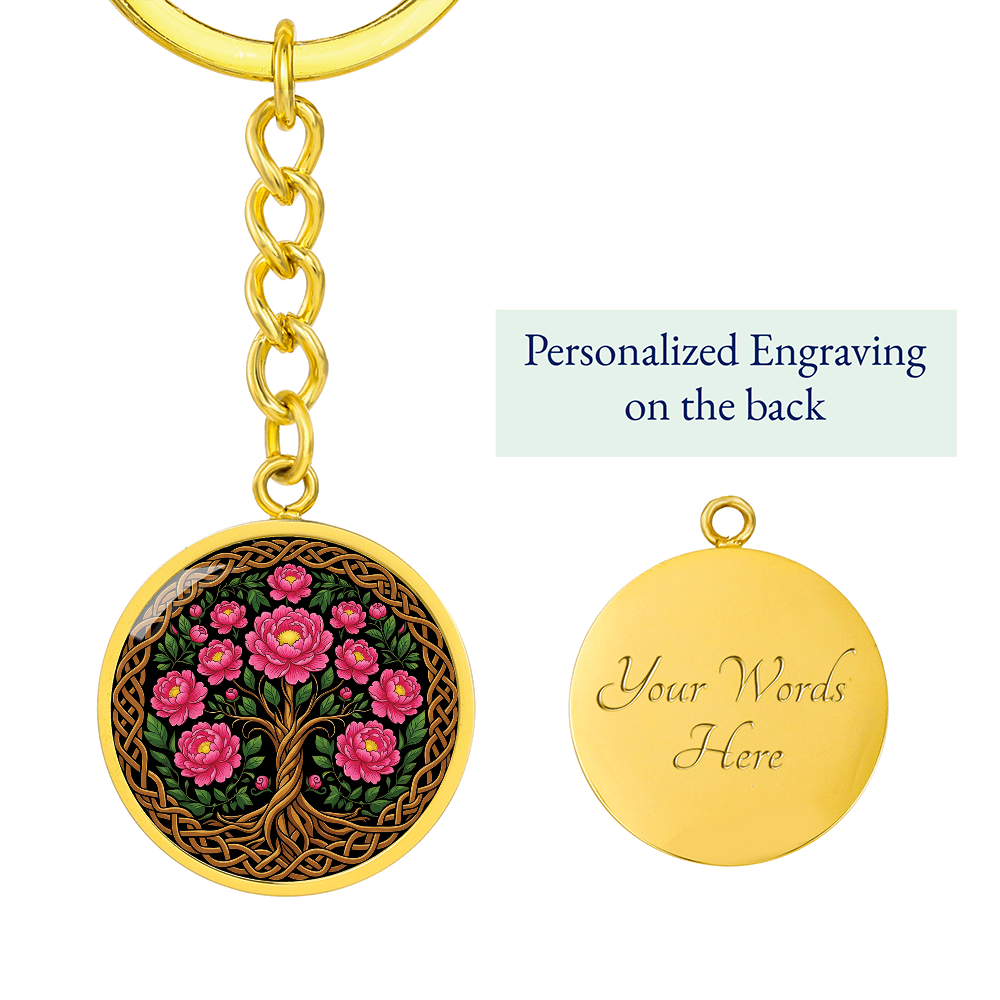 Celtic Tree of Life Pendant Keychain - Peony November Birth Flower Jewelry