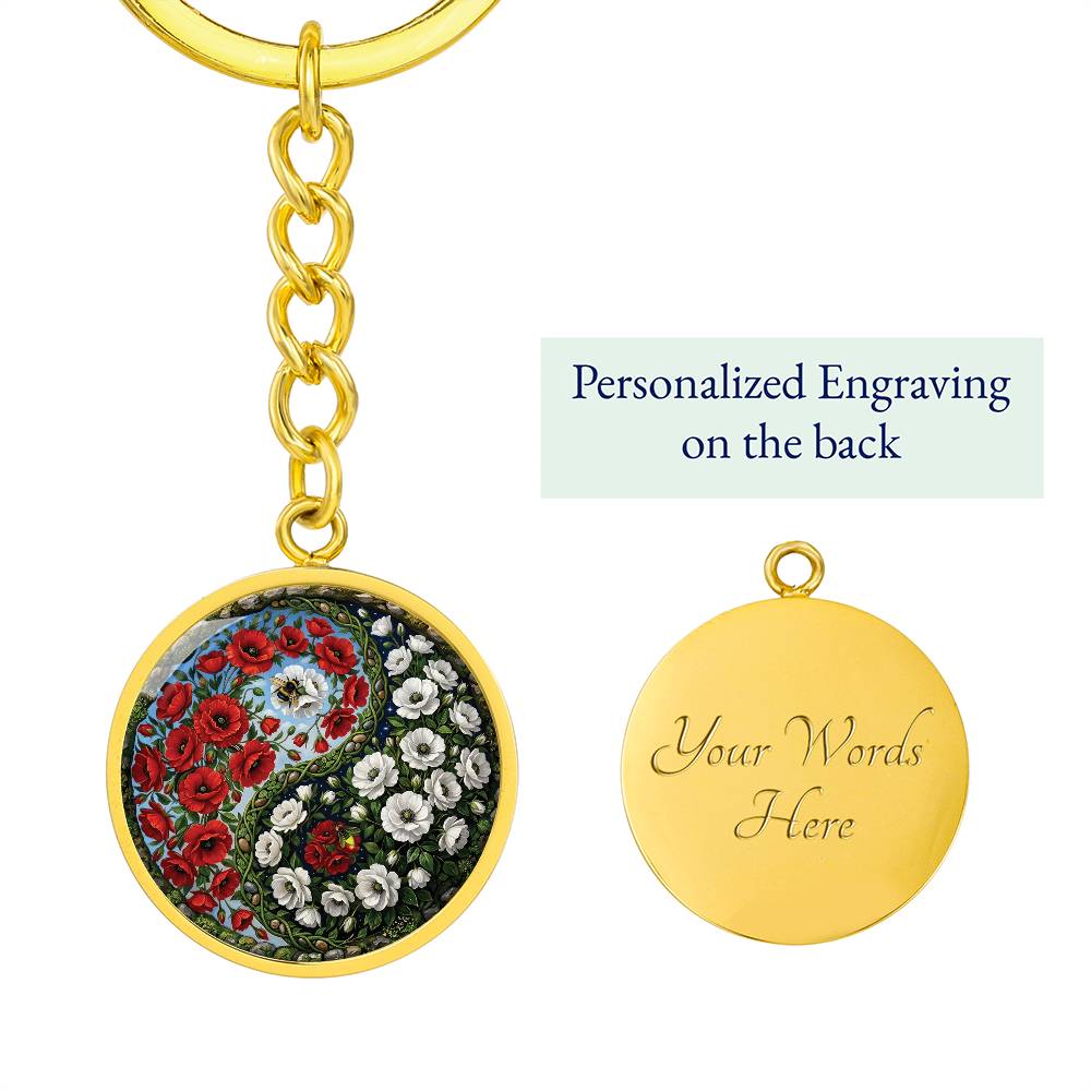 Poppy Yin Yang Keychain - August Birth Month Flower Pendant Jewelry