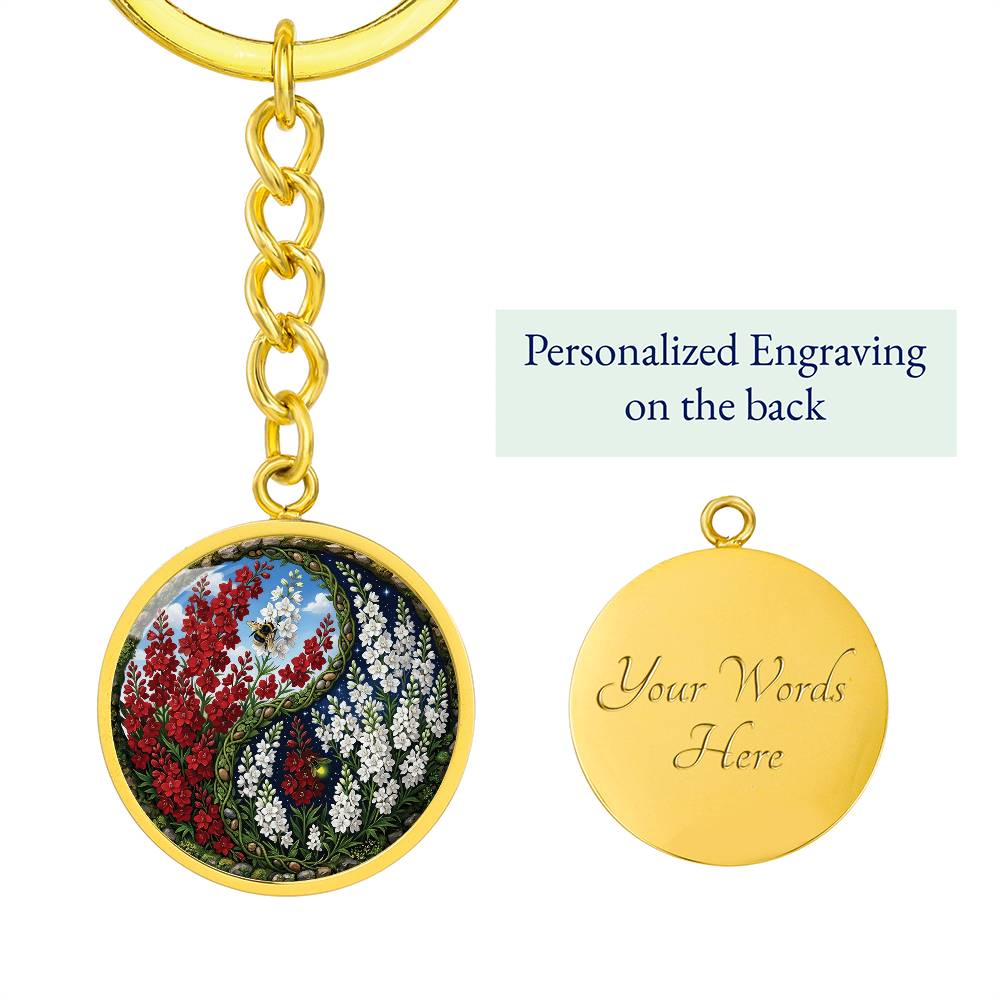 Larkspur Yin Yang Keychain - July Birth Month Flower Pendant Jewelry