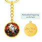 An elegant gold pendant Halloween Ghost Keychain. The colors are white, black, yellow, orange and green. This jewelry offers personalization with an engraving option for a name.