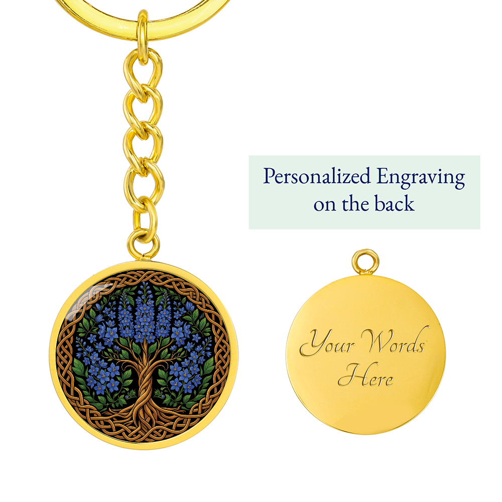 Celtic Tree of Life Pendant Keychain - Larkspur July Birth Flower Jewelry
