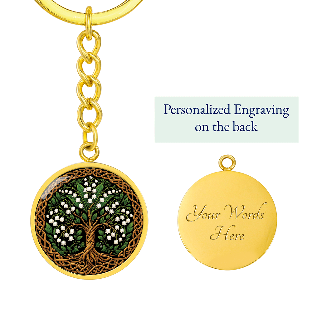 Celtic Tree of Life Pendant Keychain - Lily of the Valley May Birth Flower Jewelry