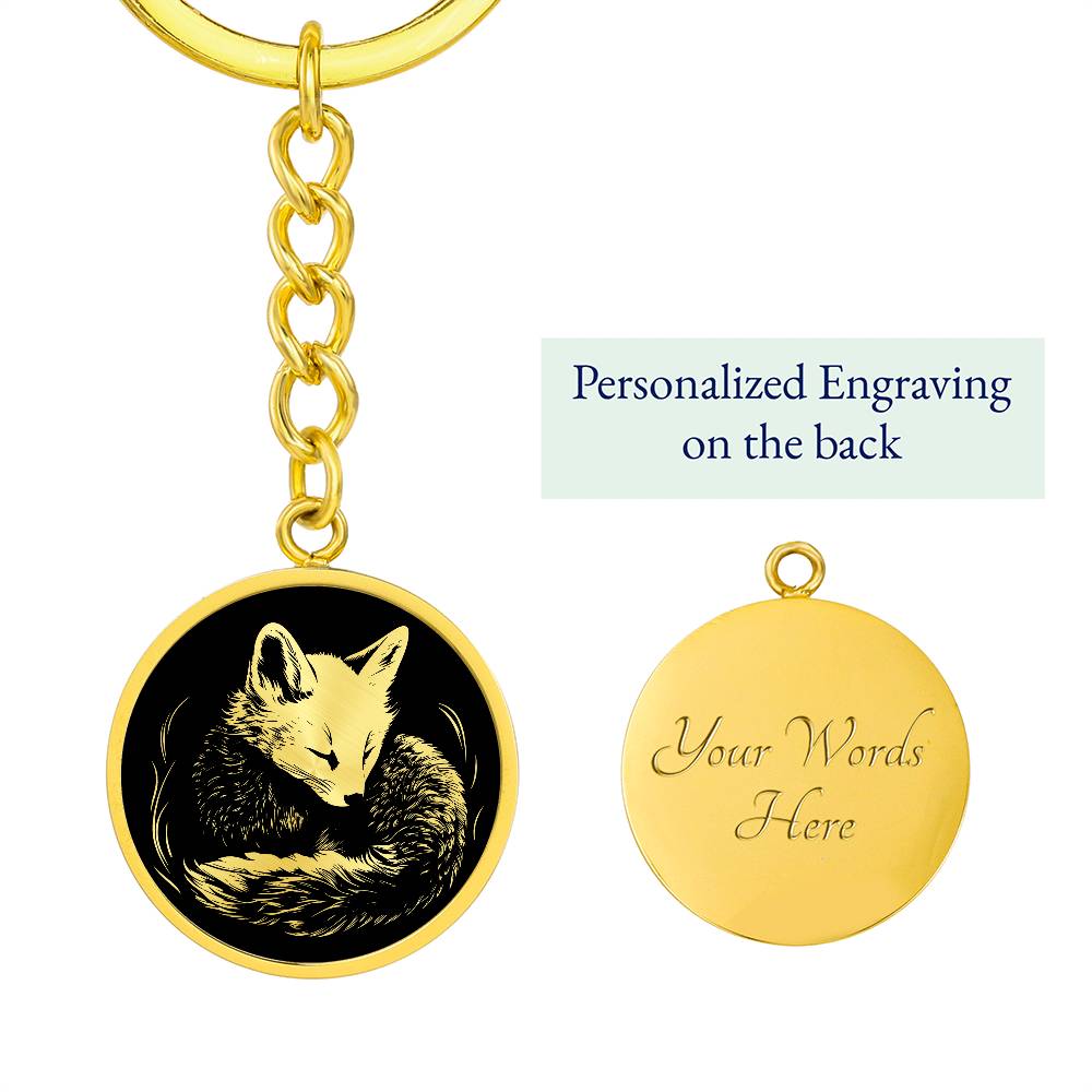 an Elegant Gold pendant featuring a Personalized Fox Keychain, With a gold Fox Set against a black background. This jewelry offers Customization with an engraving option for a name.