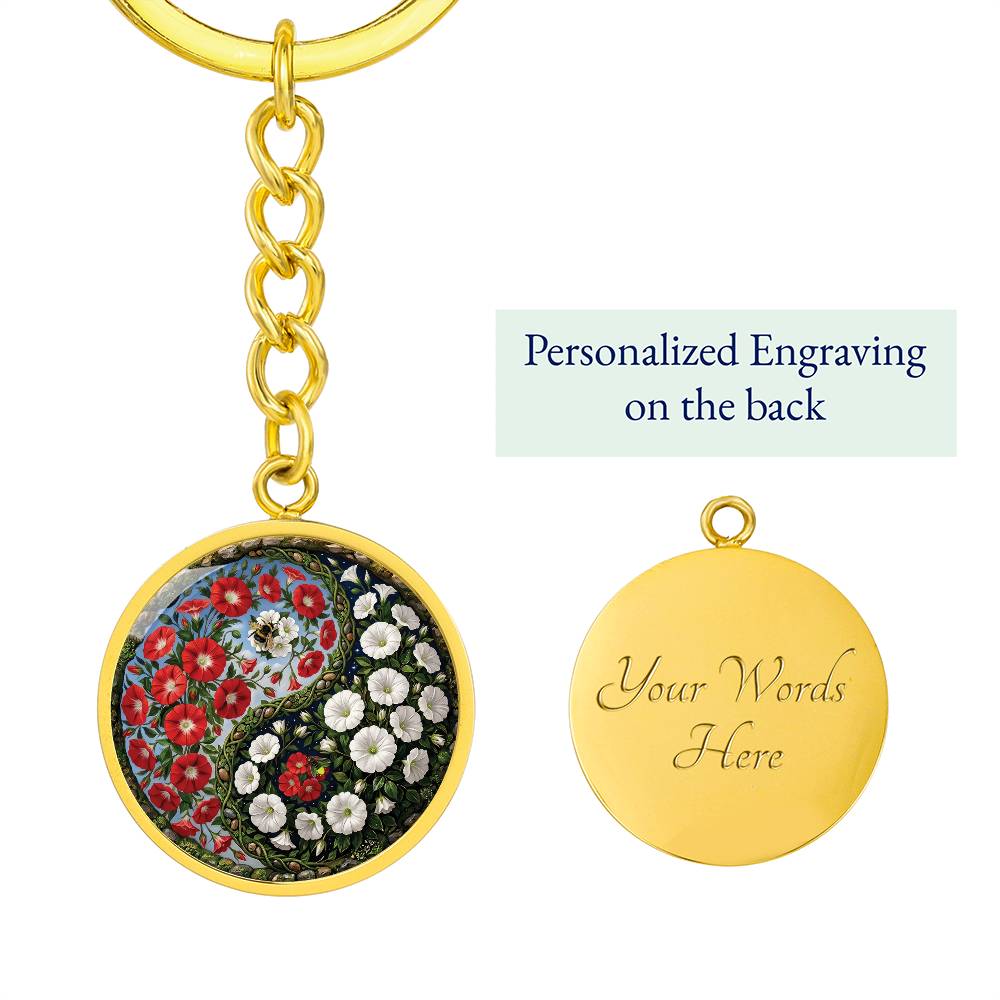 Red and White Morning Glory Yin Yang Keychain - September Birth Month Flower Pendant Jewelry
