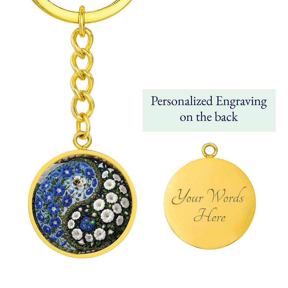 Morning Glory Yin Yang Keychain - September Birth Month Flower Pendant Jewelry