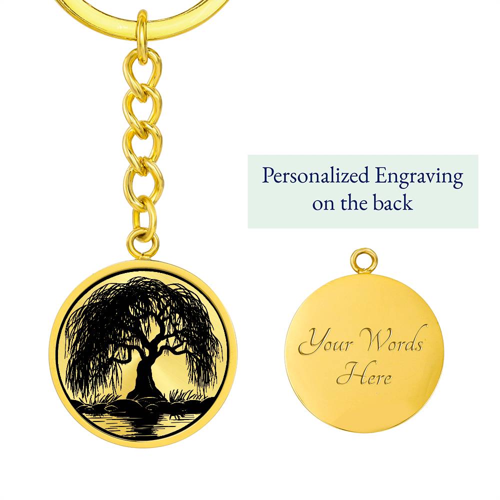 Gold Weeping Willow Tree Keychain with a back Engraving 